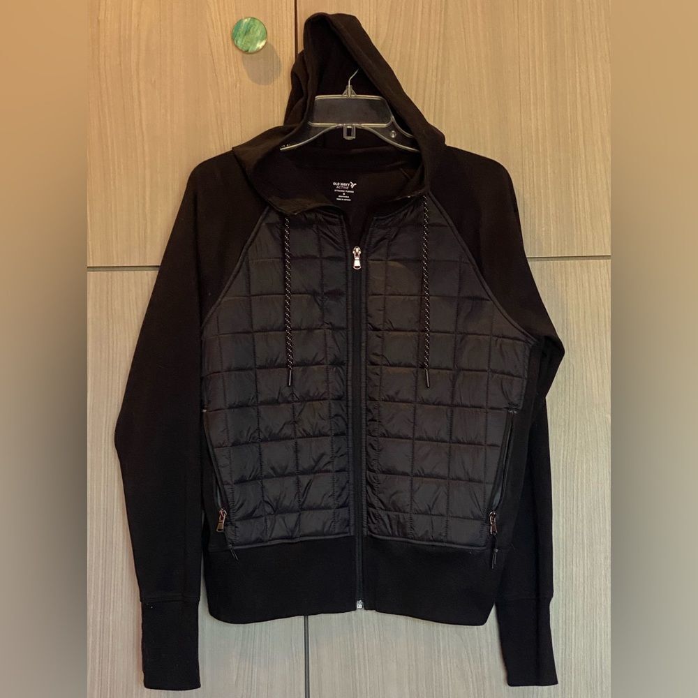 Old Navy Zip Hoodie Jacket Cozy Athleisure Quilted Hooded Coat Black Medium